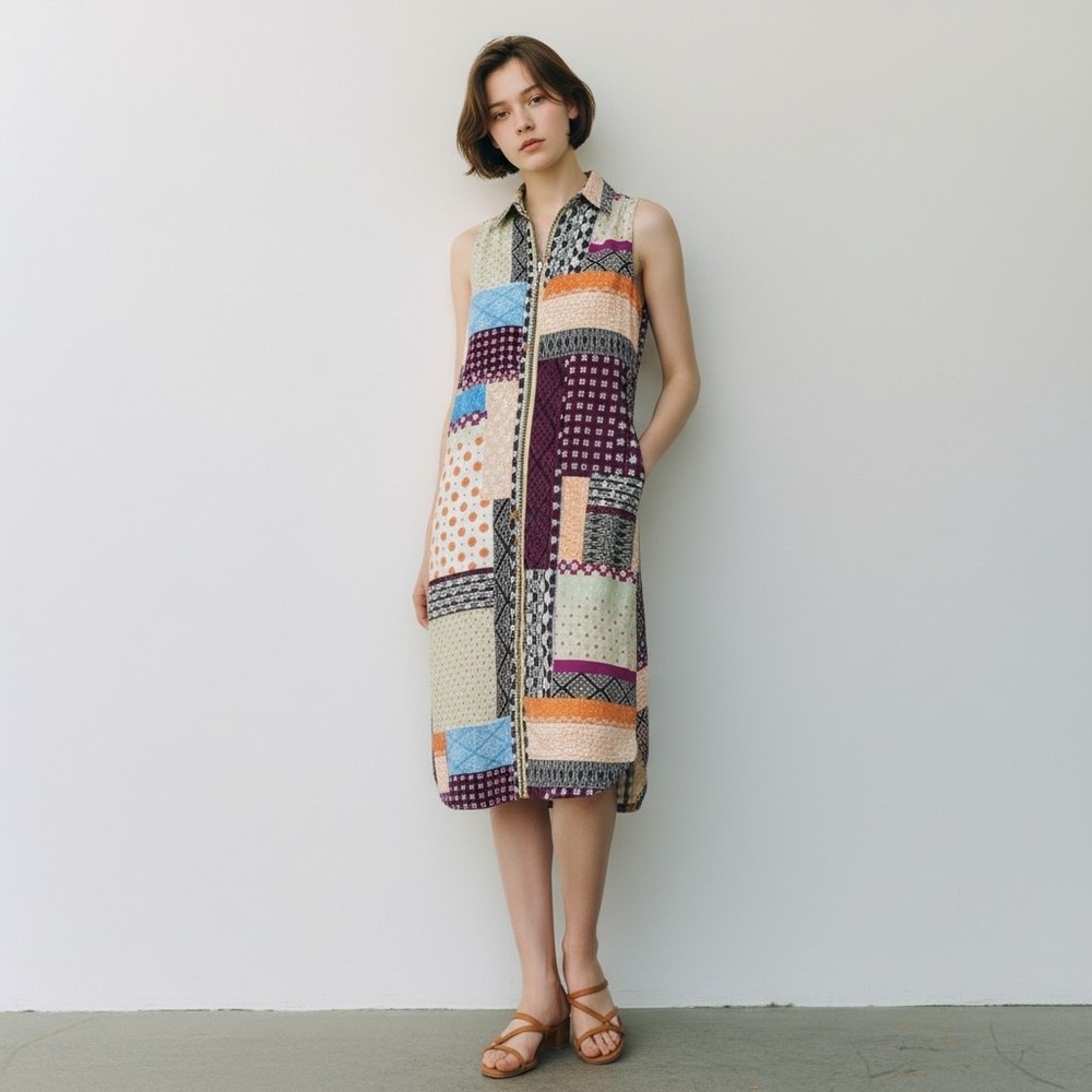 Anthropologie Everyday Patchwork Womem Shirt Dress Sleeveless Button Front US 0P